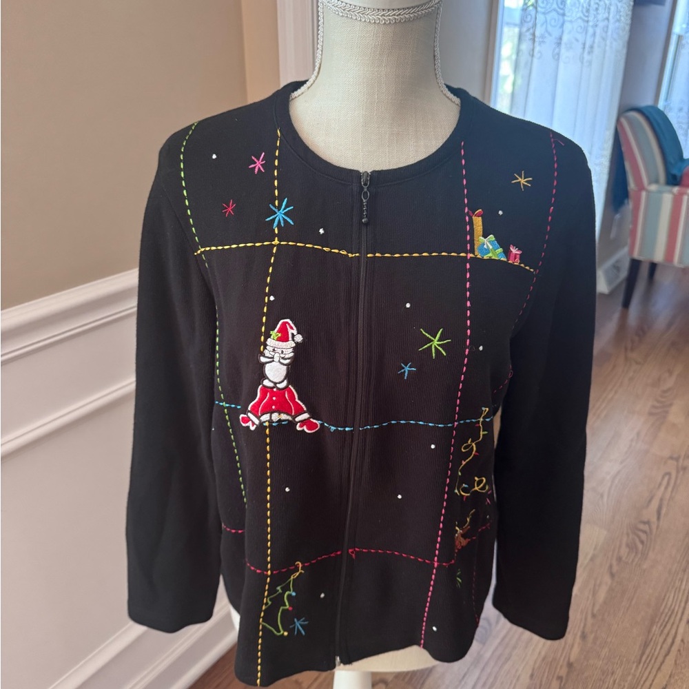 Onque Sweater Womens Petite
Medium Black Window‎ Pane Zip Up
Christmas Cotton